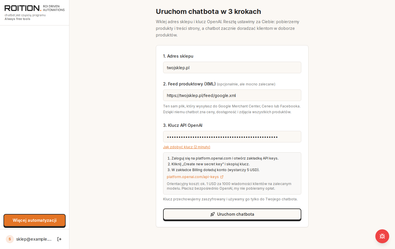Ekran Szybkiego startu w panelu chatbota: wypełnione pola adres sklepu (twojsklep.pl), feed produktowy XML i ukryty klucz API OpenAI, rozwinięta instrukcja zdobycia klucza i przycisk „Uruchom chatbota”.