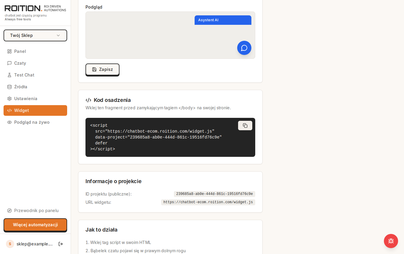 Zakładka Widget w panelu chatbota: podgląd okna „Asystent AI”, przycisk Zapisz i sekcja „Kod osadzenia” z tagiem script i przyciskiem kopiowania.